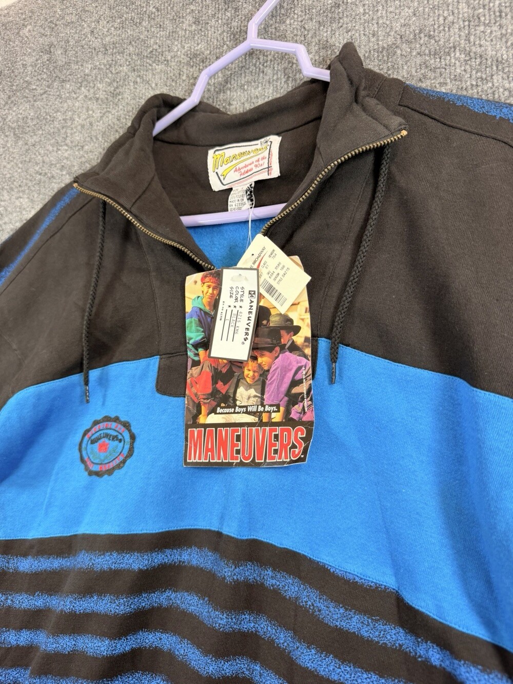 Vtg 90s Maneuvers Deadstock Boys L Sweatshirt 1/4 Zip Black Blue Colorblock NWT - Picture 12 of 16